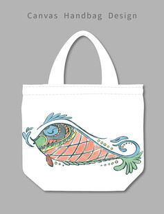 手绘彩色鱼图案帆布手提袋