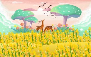 金黄田野中的鹿与飞鸟