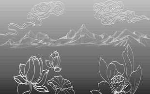 手绘花卉与山水轮廓图