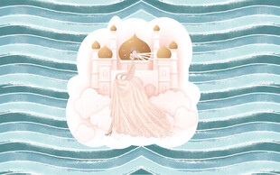 梦幻城堡于蓝白波浪背景