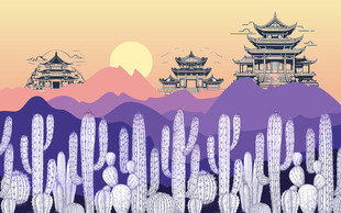 沙漠中的中式古建筑景观