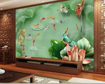 玉雕荷花九鱼图电视背景墙
