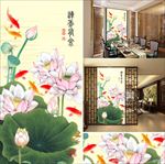 中式工笔手绘荷花玄关背景墙