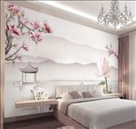 淡雅新中式山水荷花背景墙