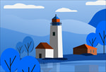 手绘灯塔 卡通房子 蓝色插画