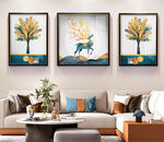 原创新中式北欧现代发财鹿三联画
