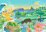 国潮手绘清明青团菊花耕牛插画