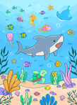 可爱鲨鱼卡通海底珊瑚热带鱼背景
