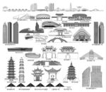 绍兴浙江城市建筑线描插画地标