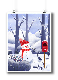 动画漫画插画冬天雪人小鸟山包