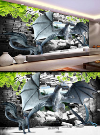 3D立体恐龙儿童房卧室电视背景