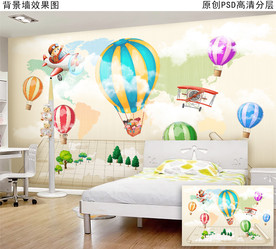 热气球可爱卡通儿童房背景墙