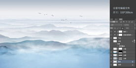 新中式简约山水壁画背景墙飞鸟