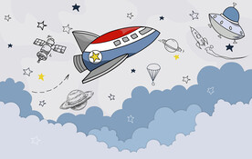 卡通儿童房太空飞船背景墙壁画