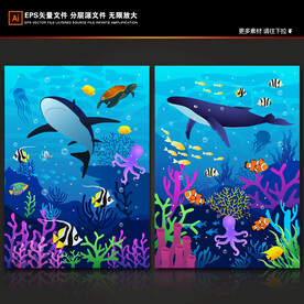 梦幻海洋世界卡通鲸鱼珊瑚礁背景