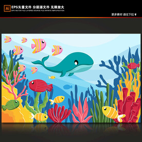 卡通海洋世界海豚热带鱼珊瑚背景