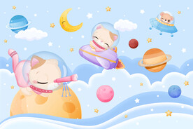 卡通太空星球手绘动物宇航员背景