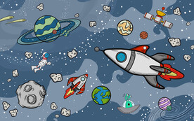 手绘火箭卡通太空星球宇宙背景墙