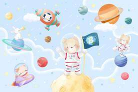卡通动物宇航员外太空星球背景墙