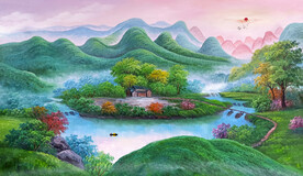 山水聚宝盆风景画 招财画 国画