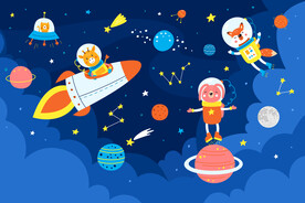 卡通太空星球手绘动物宇航员背景
