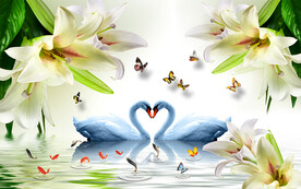 唯美百合花天鹅湖电视背景墙