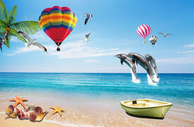 海边椰树海豚氢气球贝壳船电视背