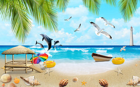 海水小船海鸥电视背景墙