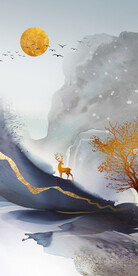 新中式水墨山水麋鹿装饰画