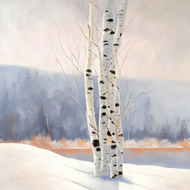 油画 雪中的白桦树