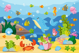 卡通海底世界可爱海豚热带鱼背景