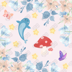 可爱花朵鲸鱼蘑菇蝴蝶插画