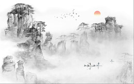 国画山水中式电视背景墙