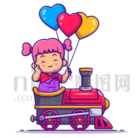 卡通坐火车的小女孩