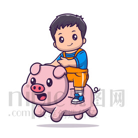 卡通骑猪的小男孩