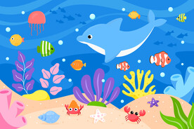 卡通海底世界可爱海豚热带鱼背景