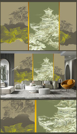 新中式楼阁山水背景轻奢壁画	 