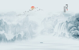 新中式山水瀑布国画背景墙