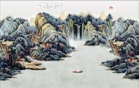 原创仿古山水中式背景墙壁画