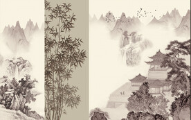 新中式轻奢楼阁山水背景轻奢壁画