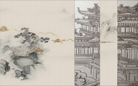 新中式楼阁山水背景轻奢壁画