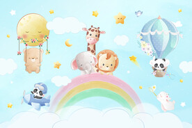 卡通彩虹气球可爱动物飞行员背景