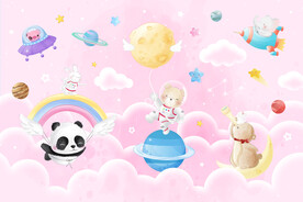梦幻粉色太空卡通动物星球背景墙