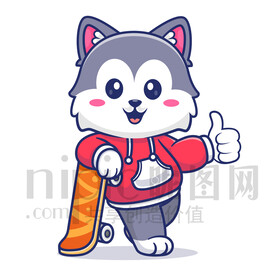 可爱卡通玩滑板的狼狗