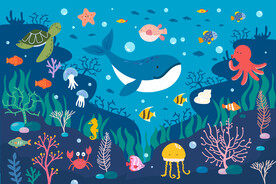 卡通鲸鱼手绘海底珊瑚热带鱼背景