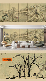 新中式山水线描古画硬包壁画