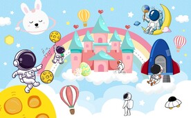 可爱卡通太空人彩虹儿童房背景墙