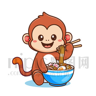 可爱卡通吃面条的猴子