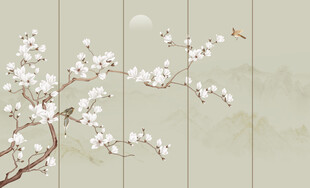 新中式工笔花鸟画背景墙