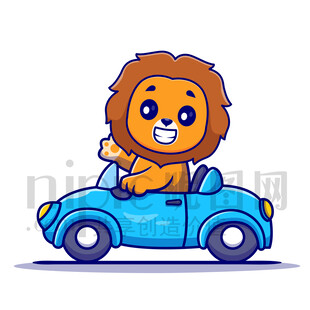 可爱卡通开小汽车的狮子